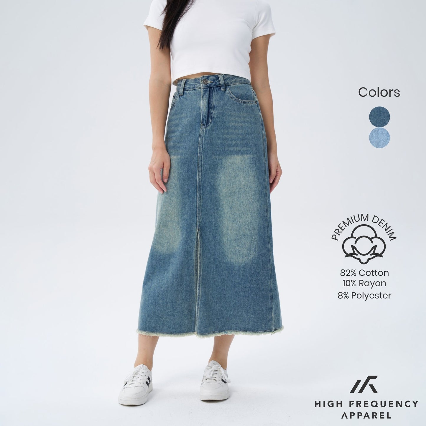 hfa women’s frayed mid-waisted maxi denim skirt with front slit