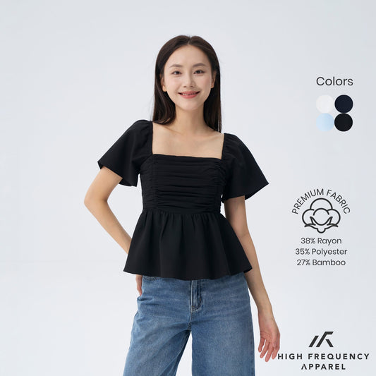 Flutter Sleeve Padded Smocked Back Blouse