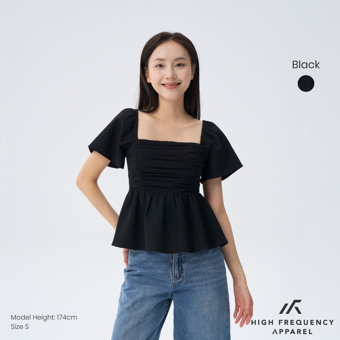 flutter sleeve padded smocked back blouse