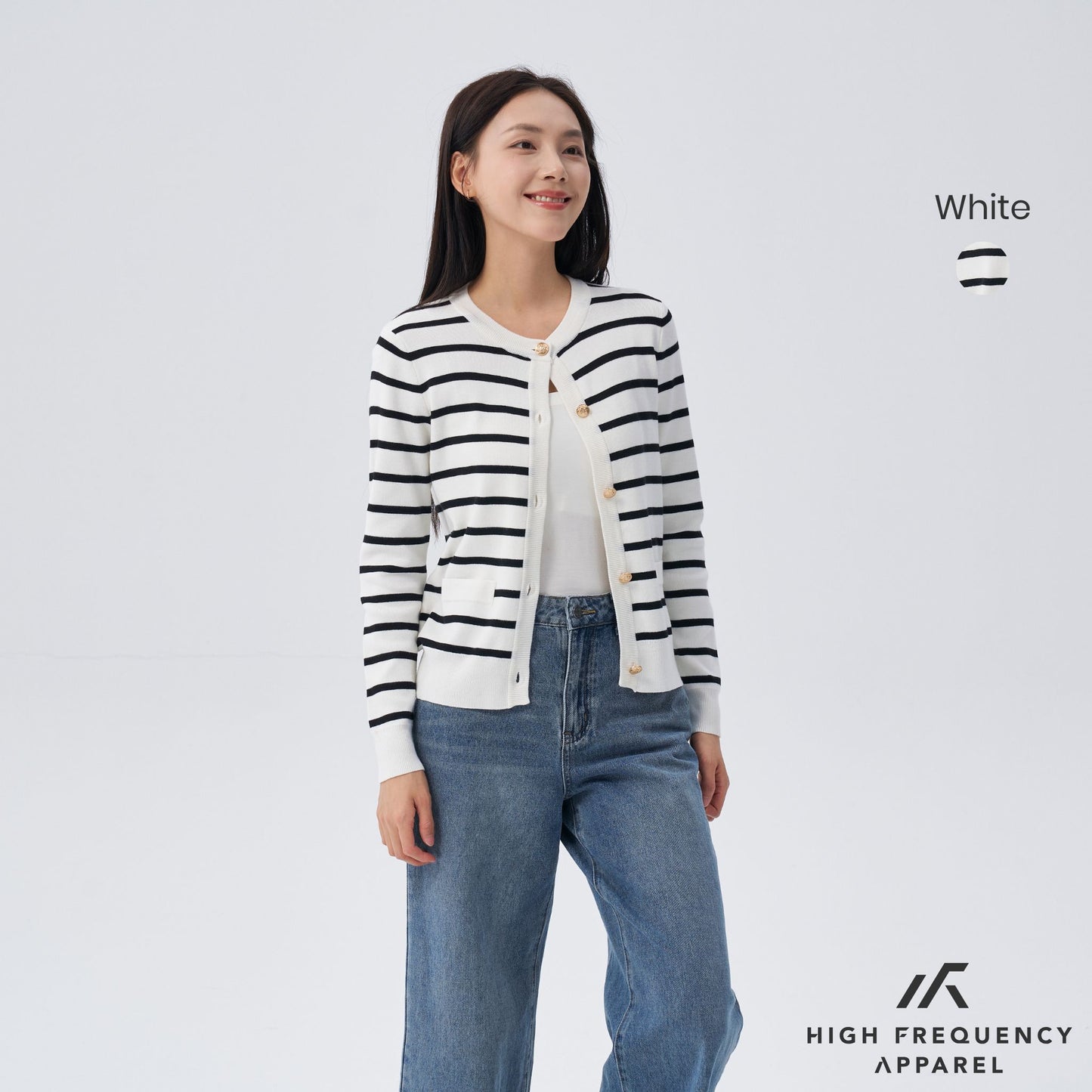 hfa women’s old money striped long sleeve cardigan with gold button trimmings