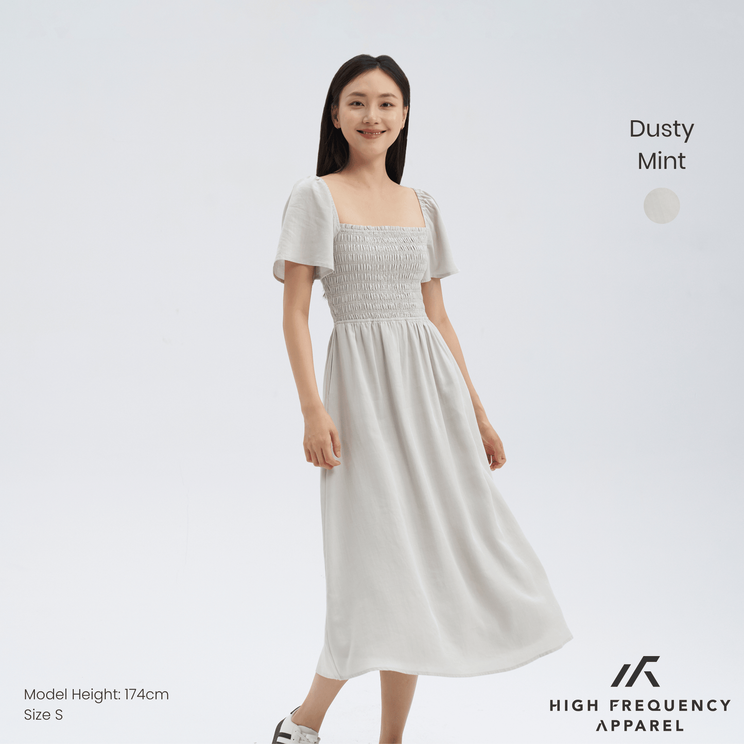 square neck full smocked flutter sleeve midaxi dress