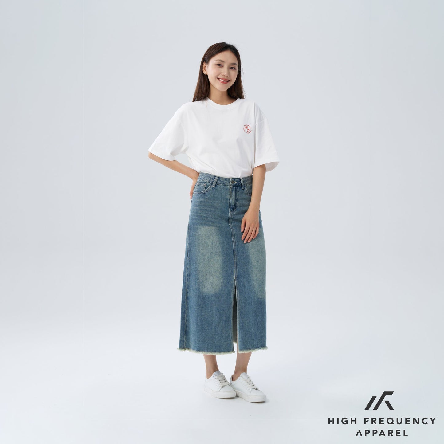 hfa women’s frayed mid-waisted maxi denim skirt with front slit