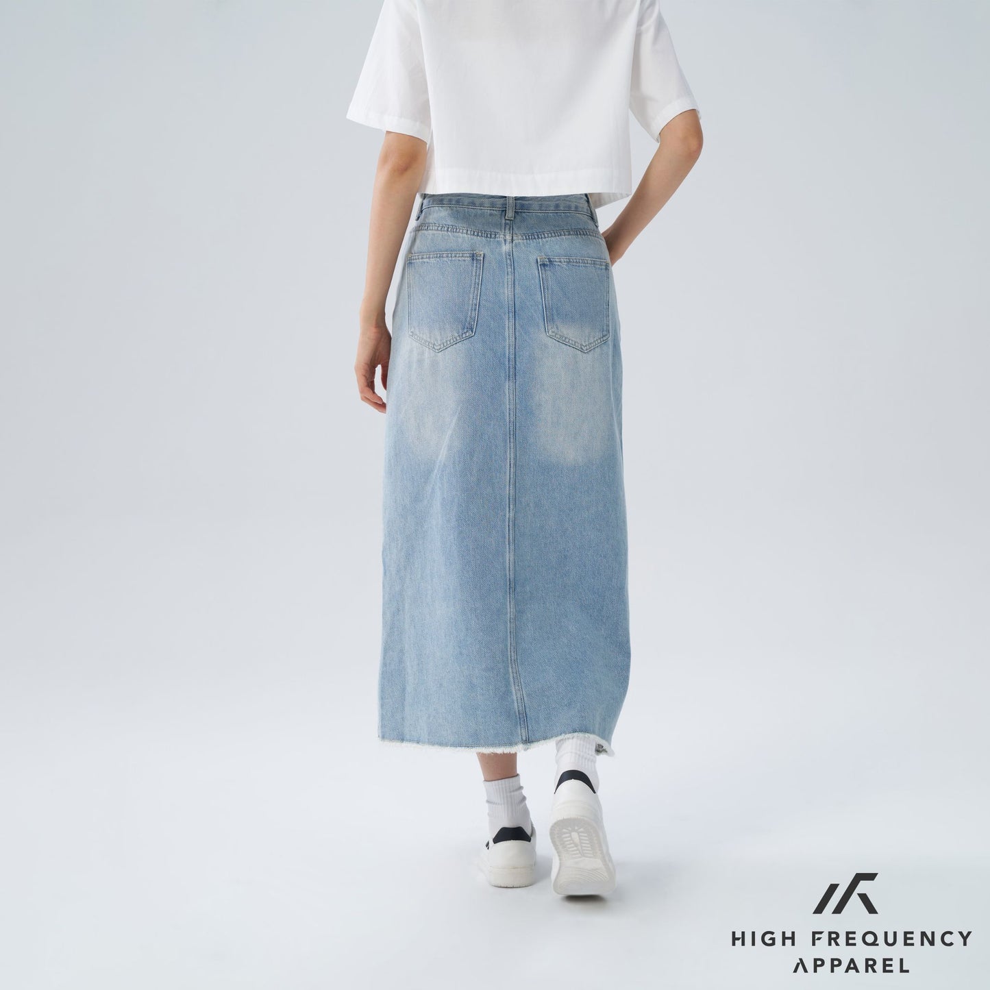 hfa women’s frayed mid-waisted maxi denim skirt with front slit
