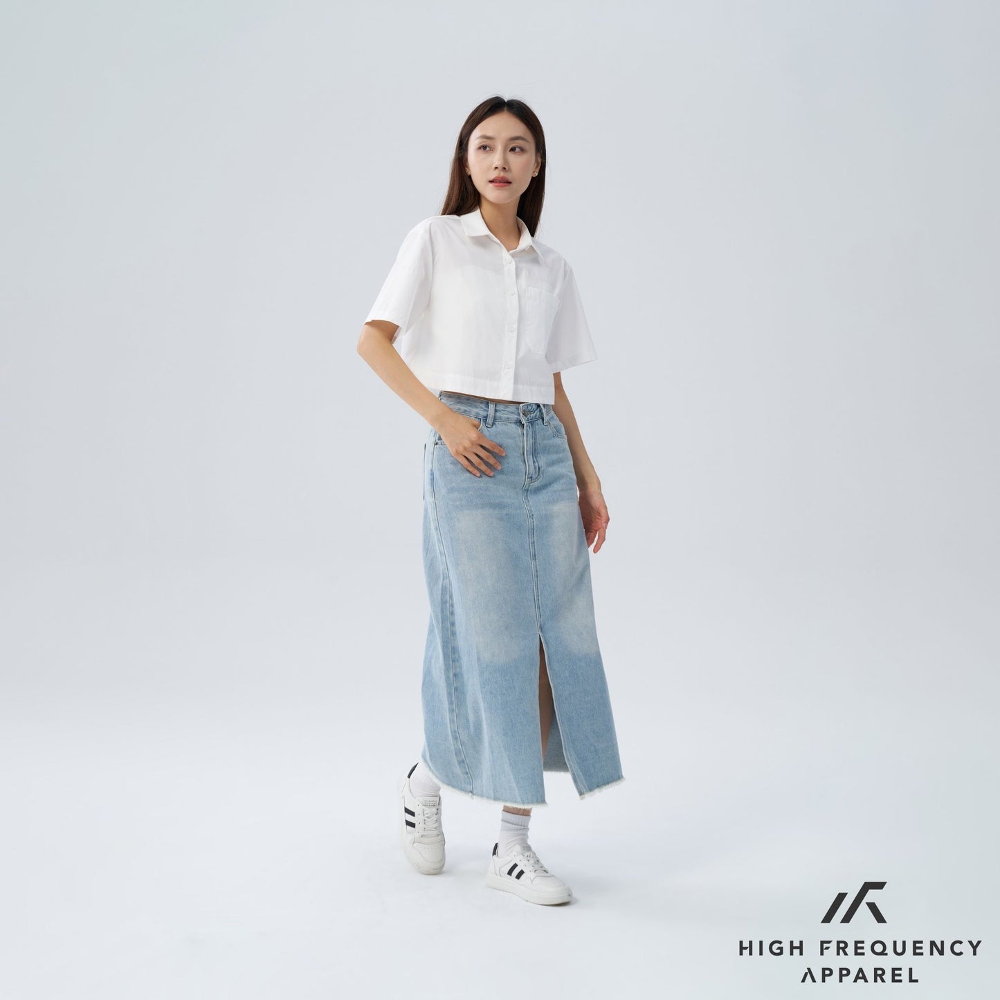 hfa women’s frayed mid-waisted maxi denim skirt with front slit