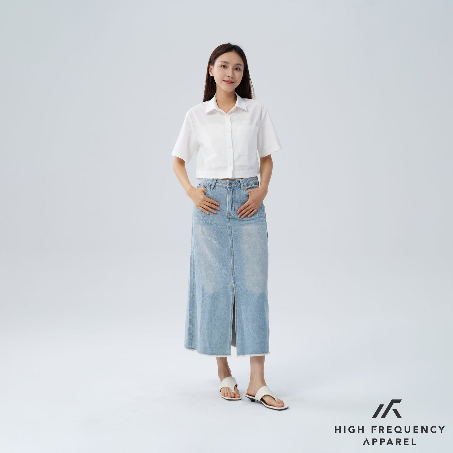 hfa women’s frayed mid-waisted maxi denim skirt with front slit