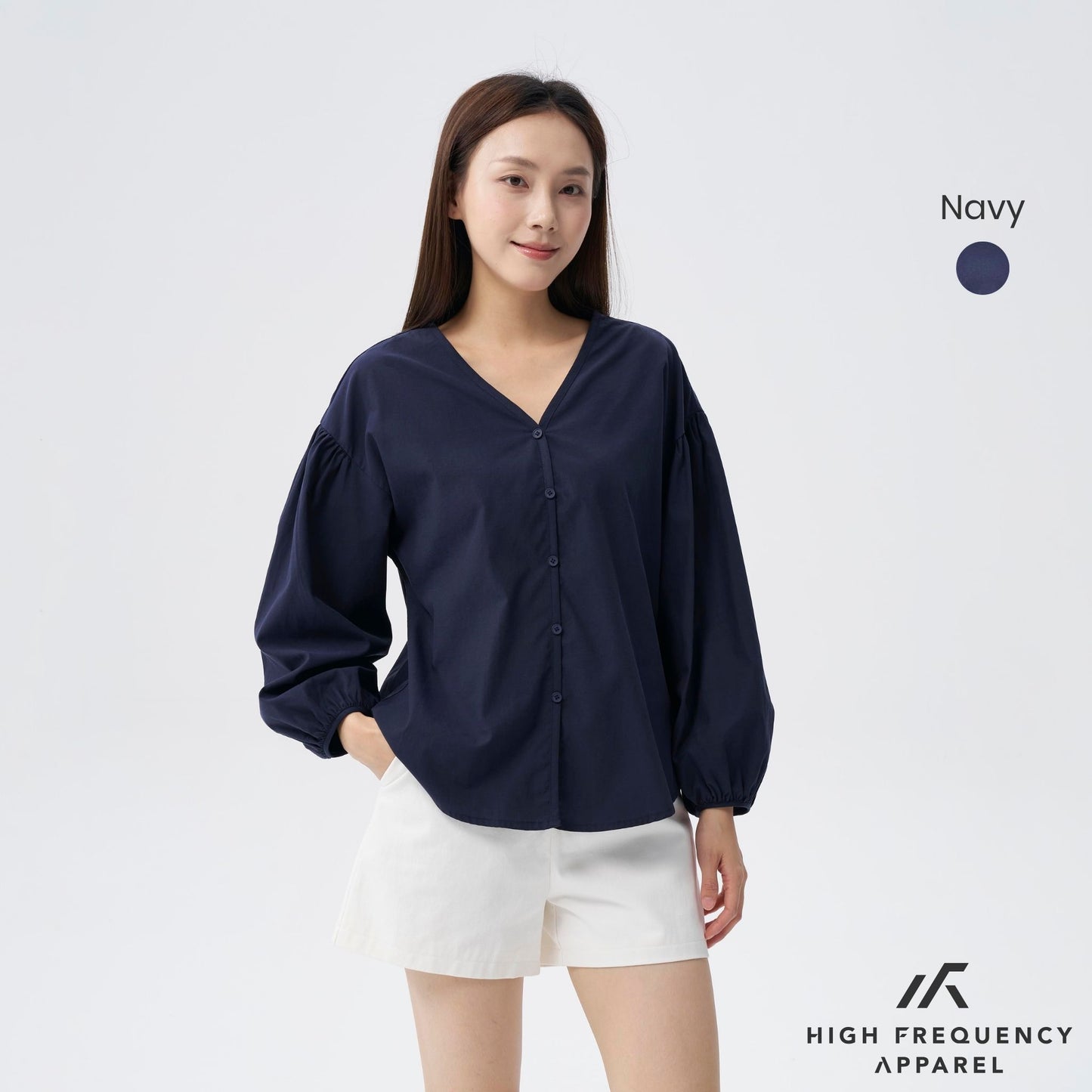 hfa women’s v-neck puffed long sleeve blouse – relaxed fit