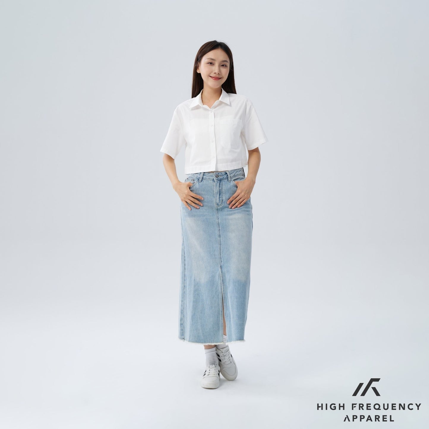 hfa women’s frayed mid-waisted maxi denim skirt with front slit