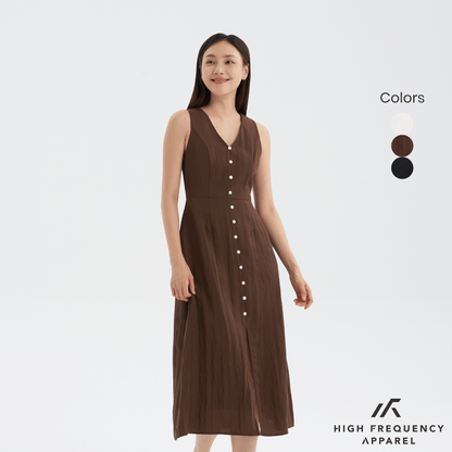 V-Neck Seashell Button Midaxi Front Slit Dress