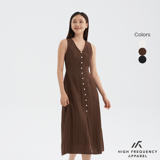 V-Neck Seashell Button Midaxi Front Slit Dress