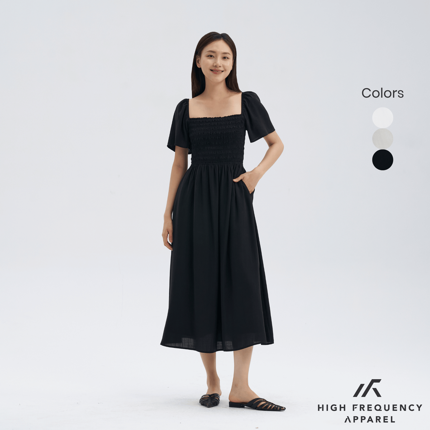 square neck full smocked flutter sleeve midaxi dress