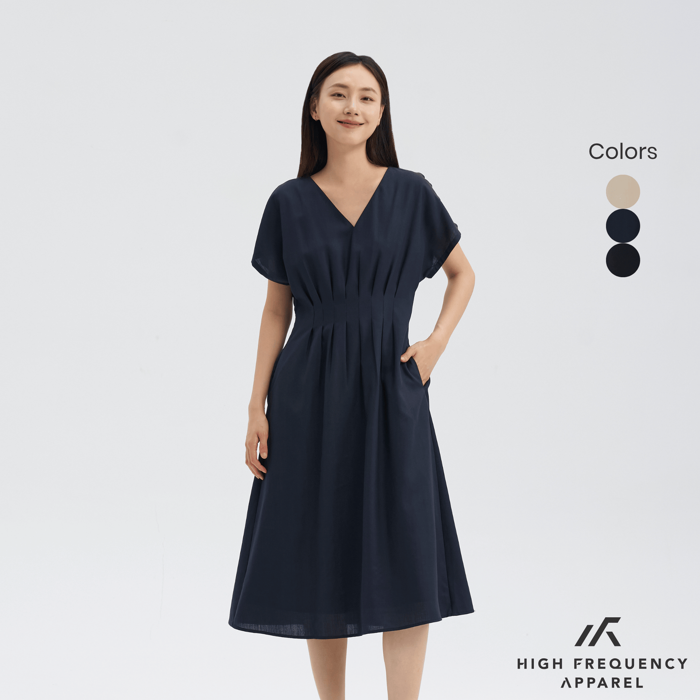 v-neck pintuck sleeved midaxi dress