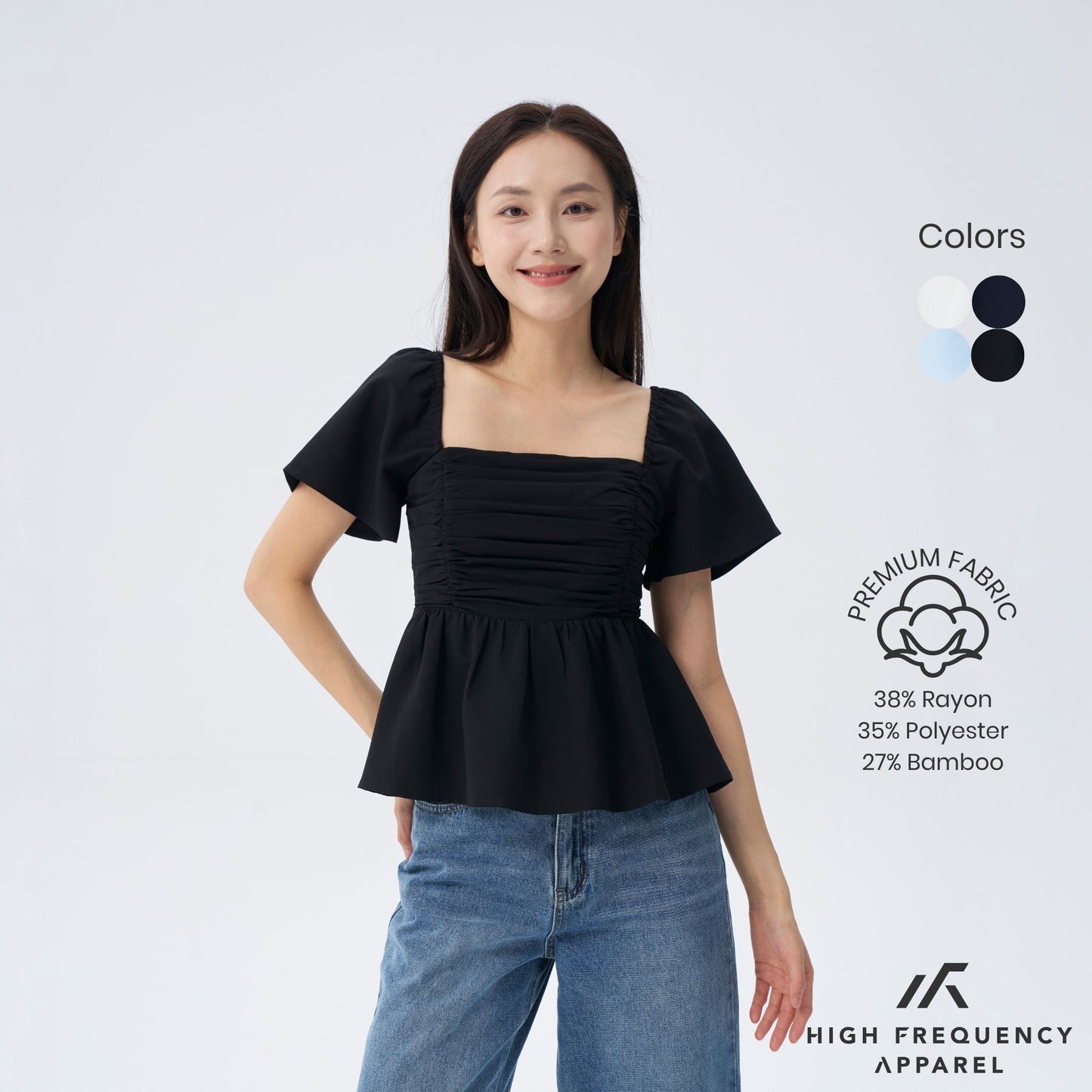 hfa women’s flutter sleeve padded smocked back blouse