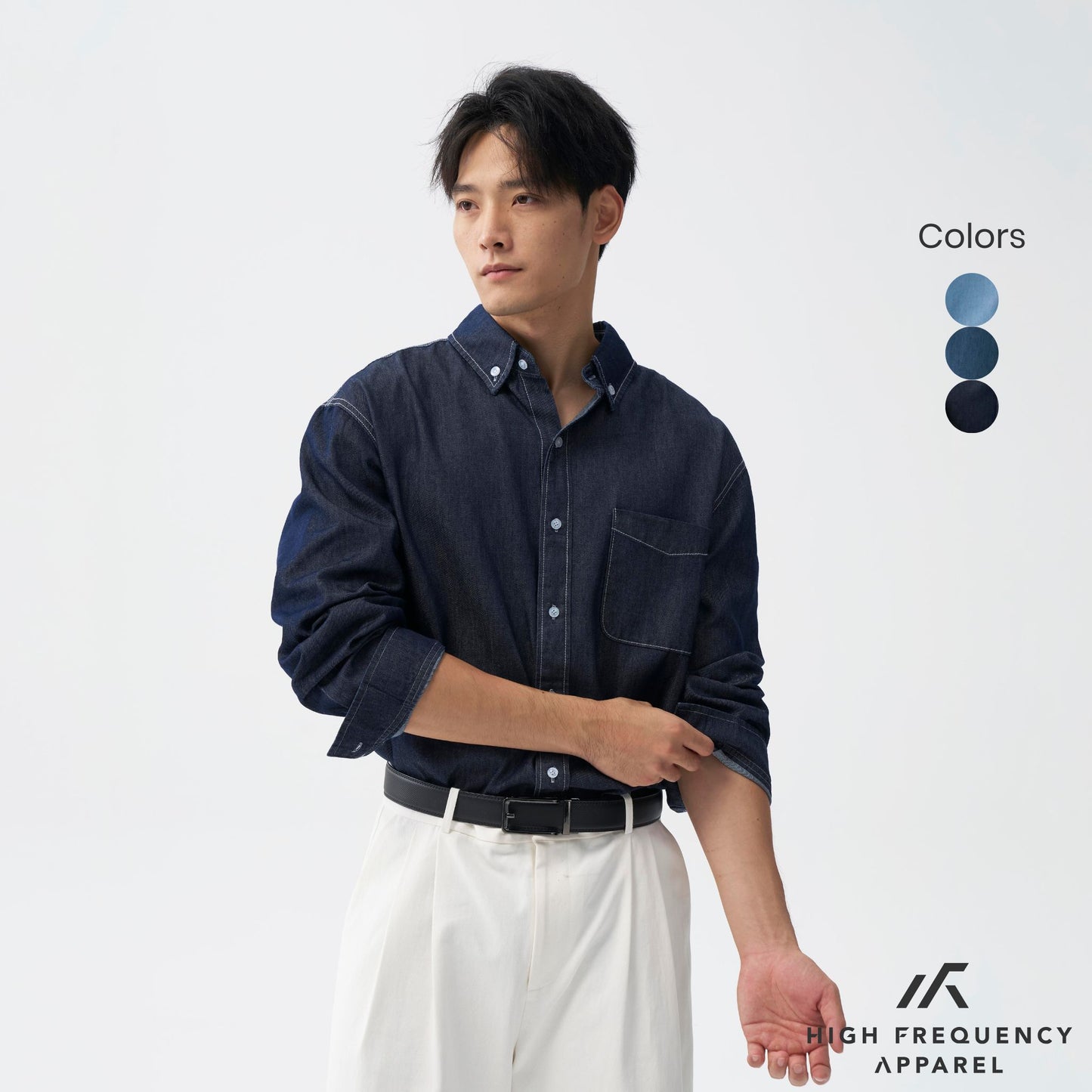 hfa men’s oversized long sleeve denim shirt – relaxed fit essential