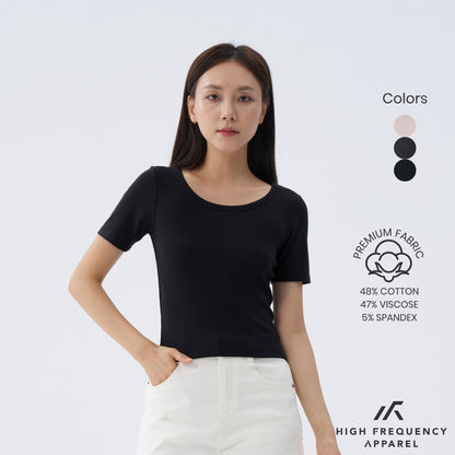 HFA Women’s Wide Neck Half Sleeve Ribbed Tee – Stretch Fit Essentials