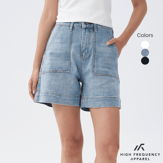 Panel Pocket Stretch Denim High Waisted Jorts
