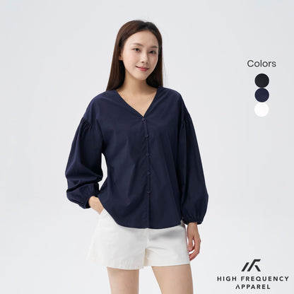 HFA Women’s V-Neck Puffed Long Sleeve Blouse – Relaxed Fit