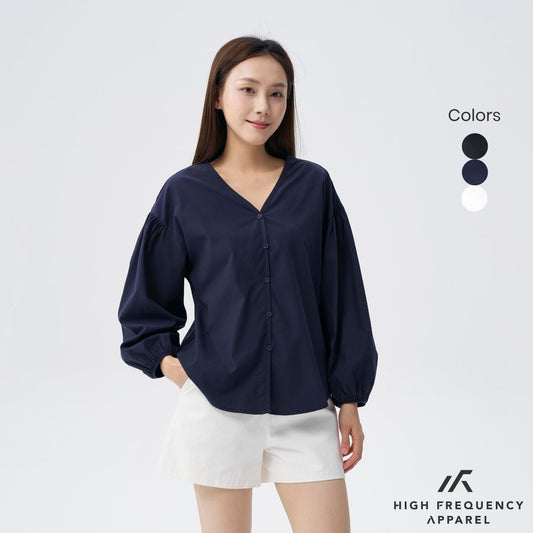 HFA Women’s V-Neck Puffed Long Sleeve Blouse – Relaxed Fit