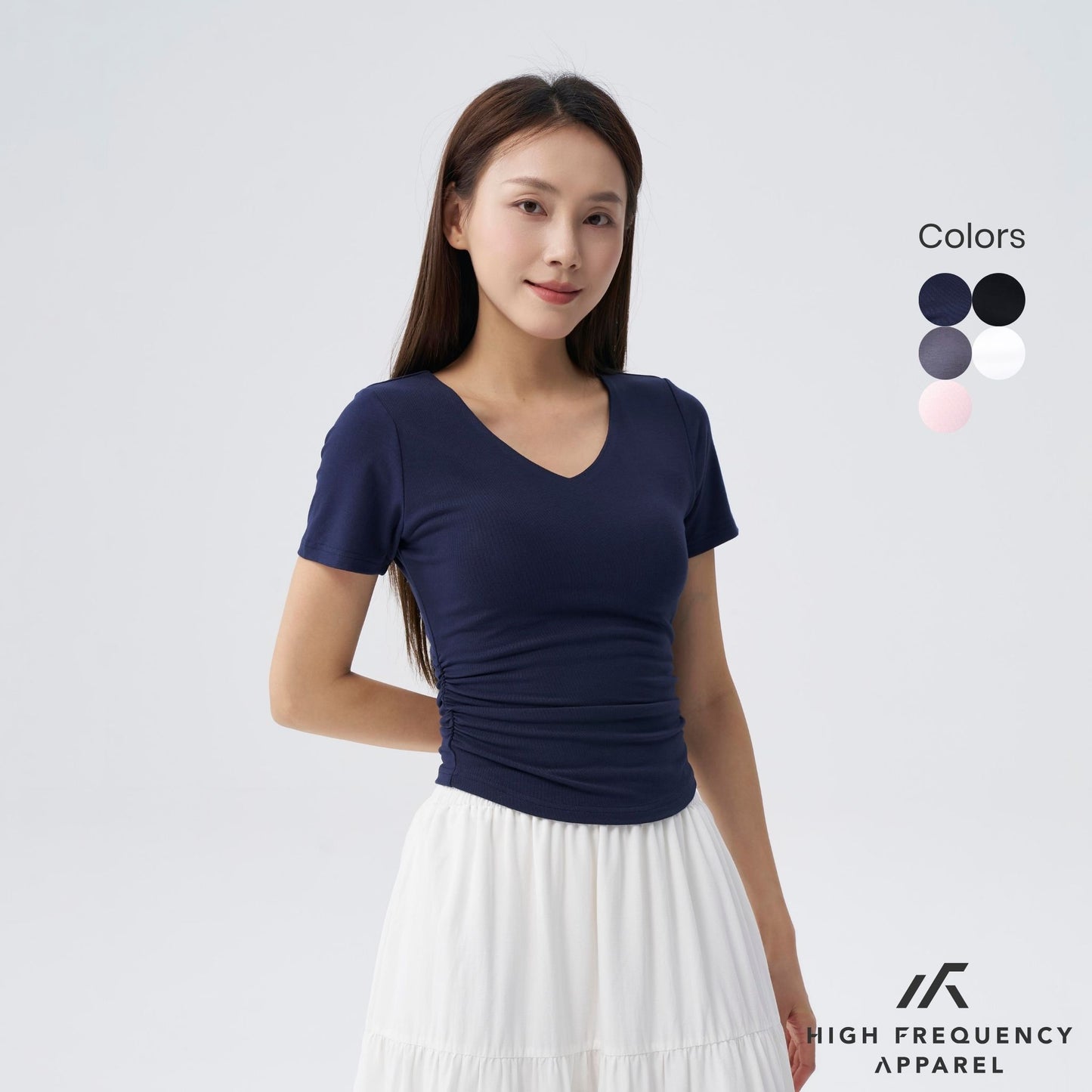 soft stretch v-neck padded ruched tee