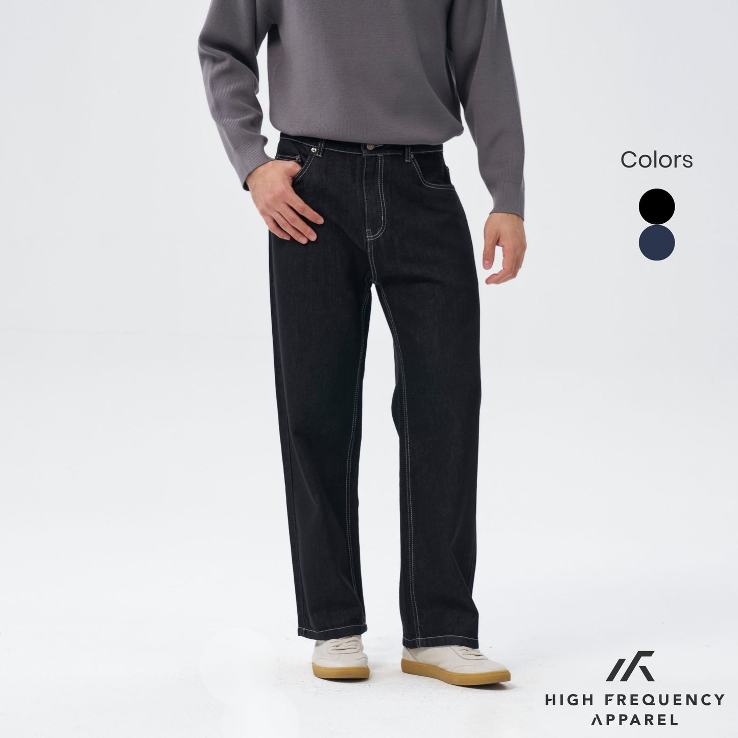 hfa men’s straight cut dark denim with contrast stitch