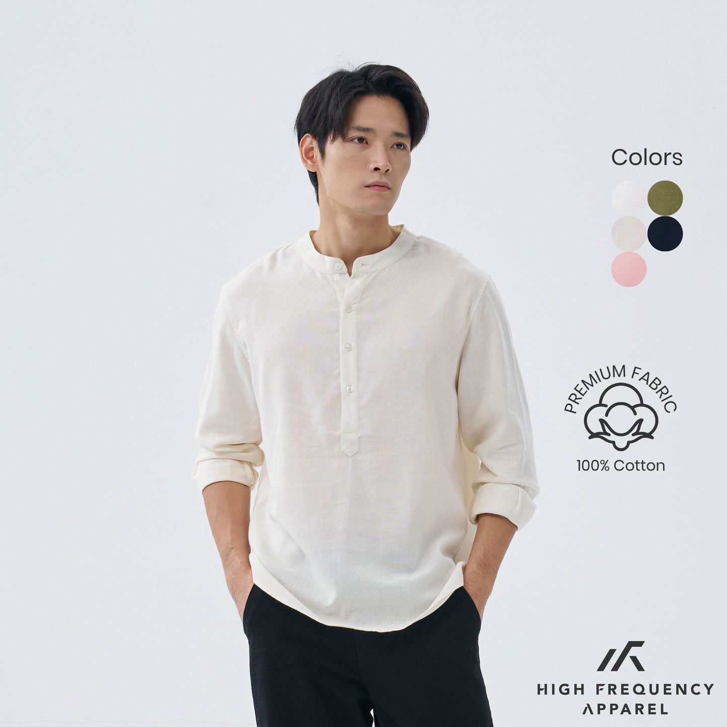 half button mandarin collar long sleeve shirt