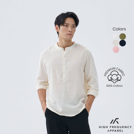 Half Button Mandarin Collar Long Sleeve Shirt