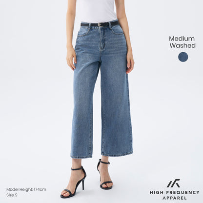 HFA Women's Wide Leg Mid-Waisted Ankle Length Denim Jeans