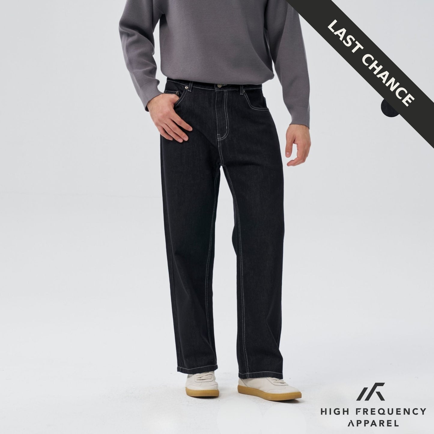 straight cut dark denim with contrast stitch