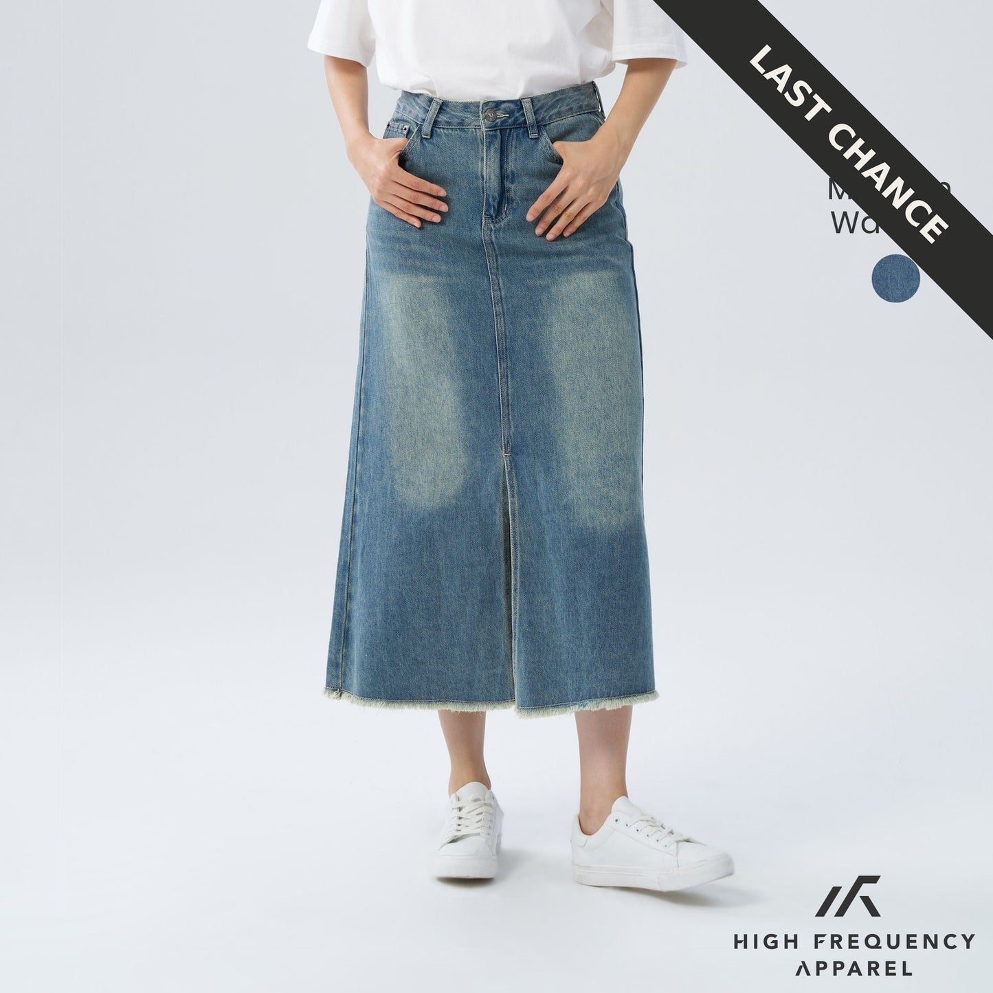 frayed mid-waisted maxi denim skirt with front slit
