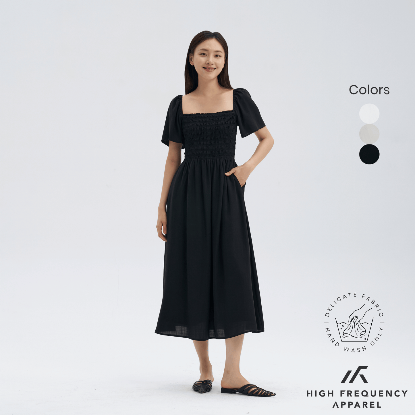 square neck full smocked flutter sleeve midaxi dress