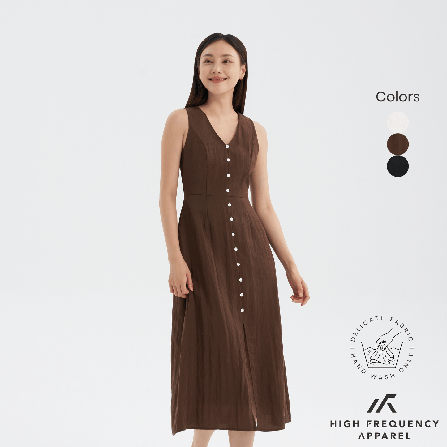 v-neck seashell button midaxi front slit dress