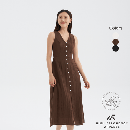 V-Neck Seashell Button Midaxi Front Slit Dress