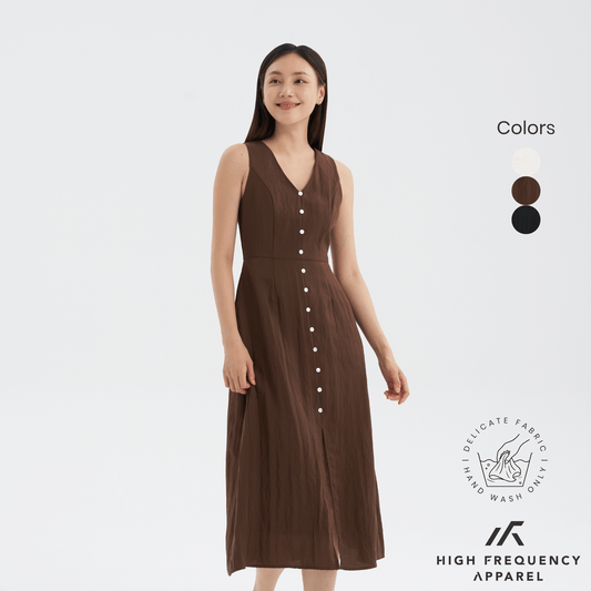 V-Neck Seashell Button Midaxi Front Slit Dress