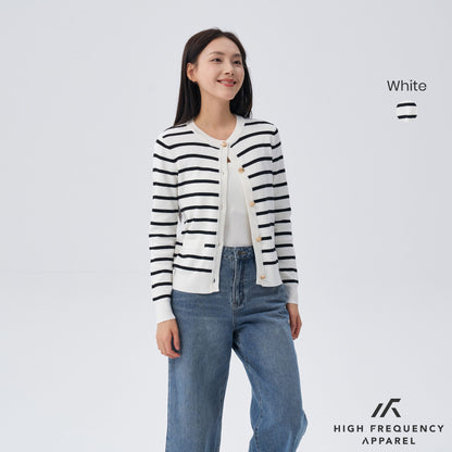 HFA Women’s Old Money Striped Long Sleeve Cardigan With Gold Button Trimmings