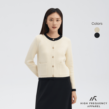 Contrast-Trim Cardigan Jacket with Gold Buttons