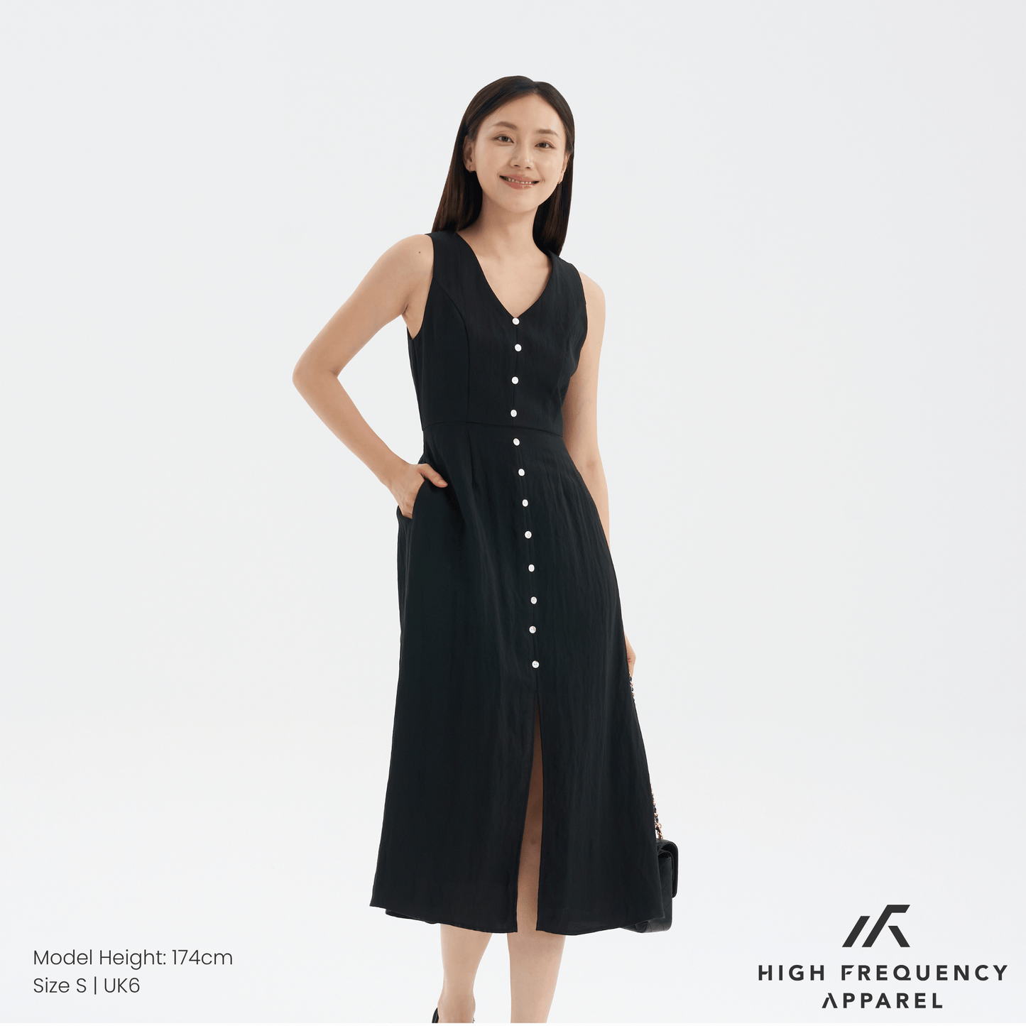 v-neck seashell button midaxi front slit dress