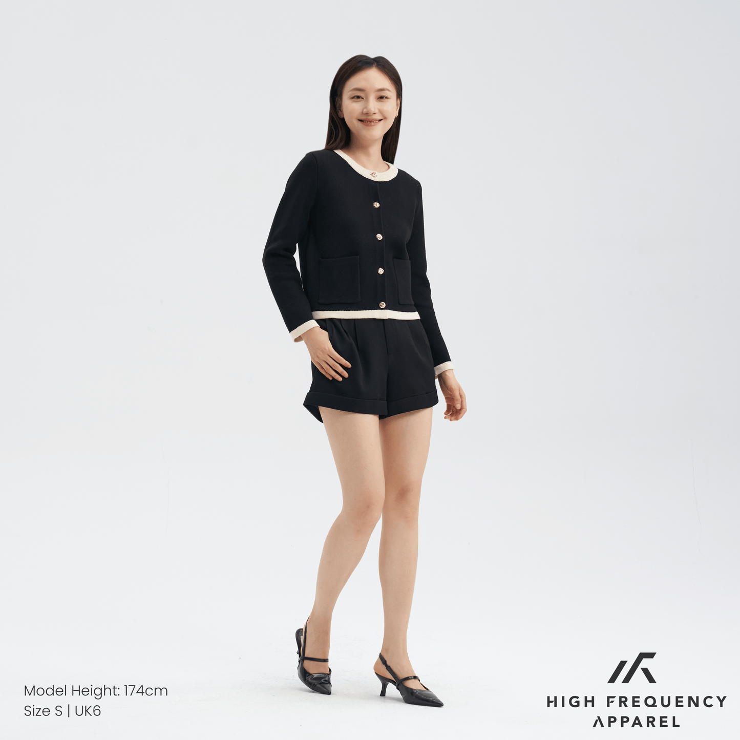 contrast-trim cardigan jacket with gold buttons