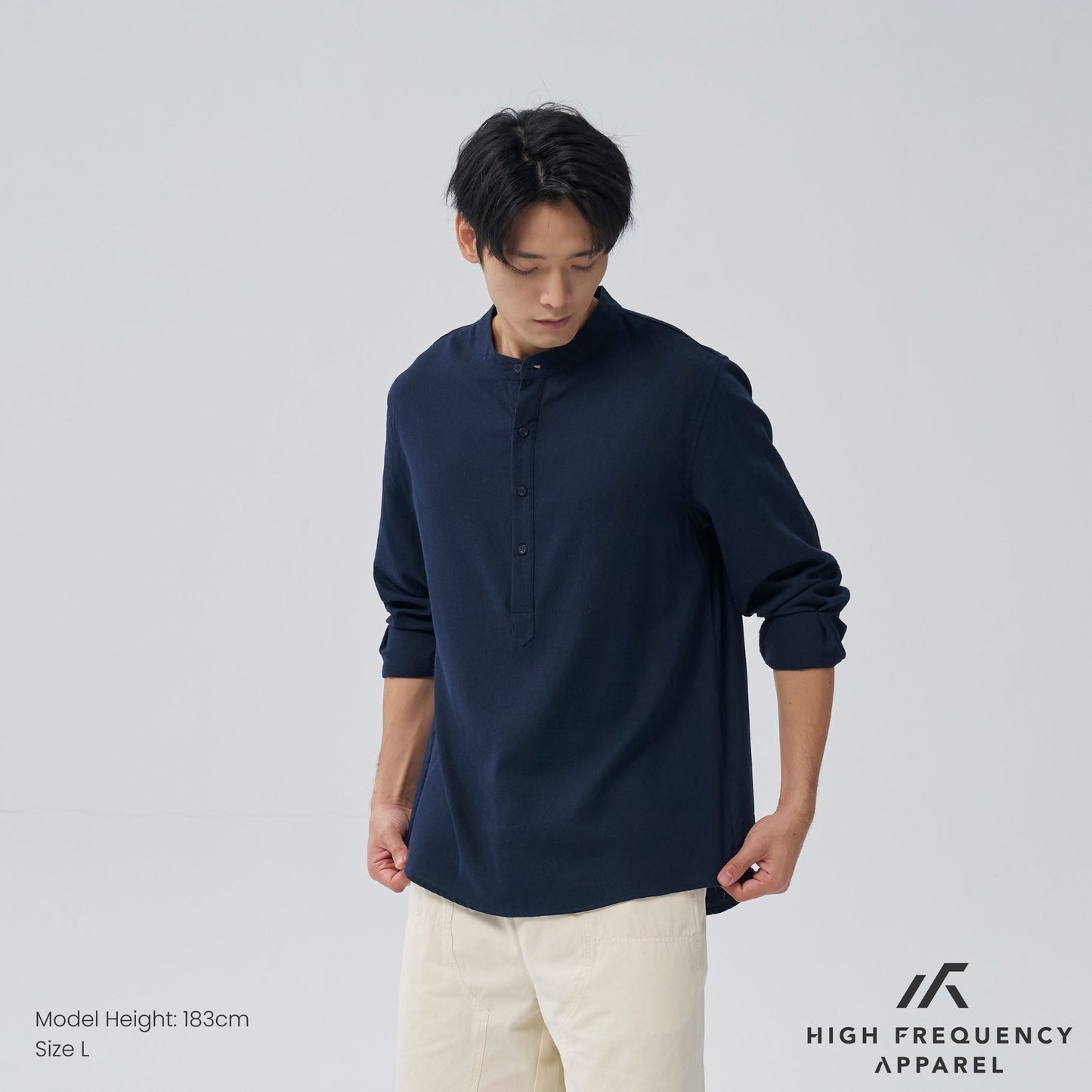 half button mandarin collar long sleeve shirt