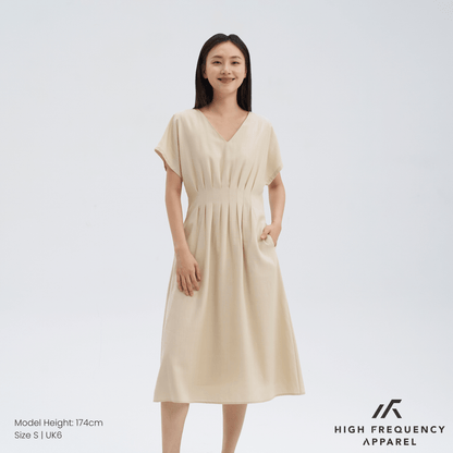 V-Neck Pintuck Sleeved Midaxi Dress