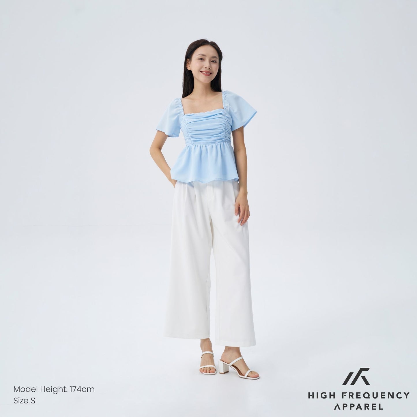 hfa women’s flutter sleeve padded smocked back blouse