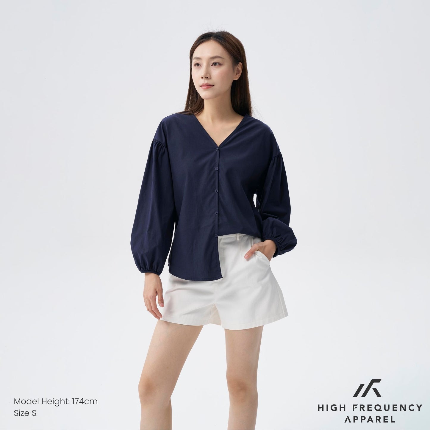 hfa women’s v-neck puffed long sleeve blouse – relaxed fit