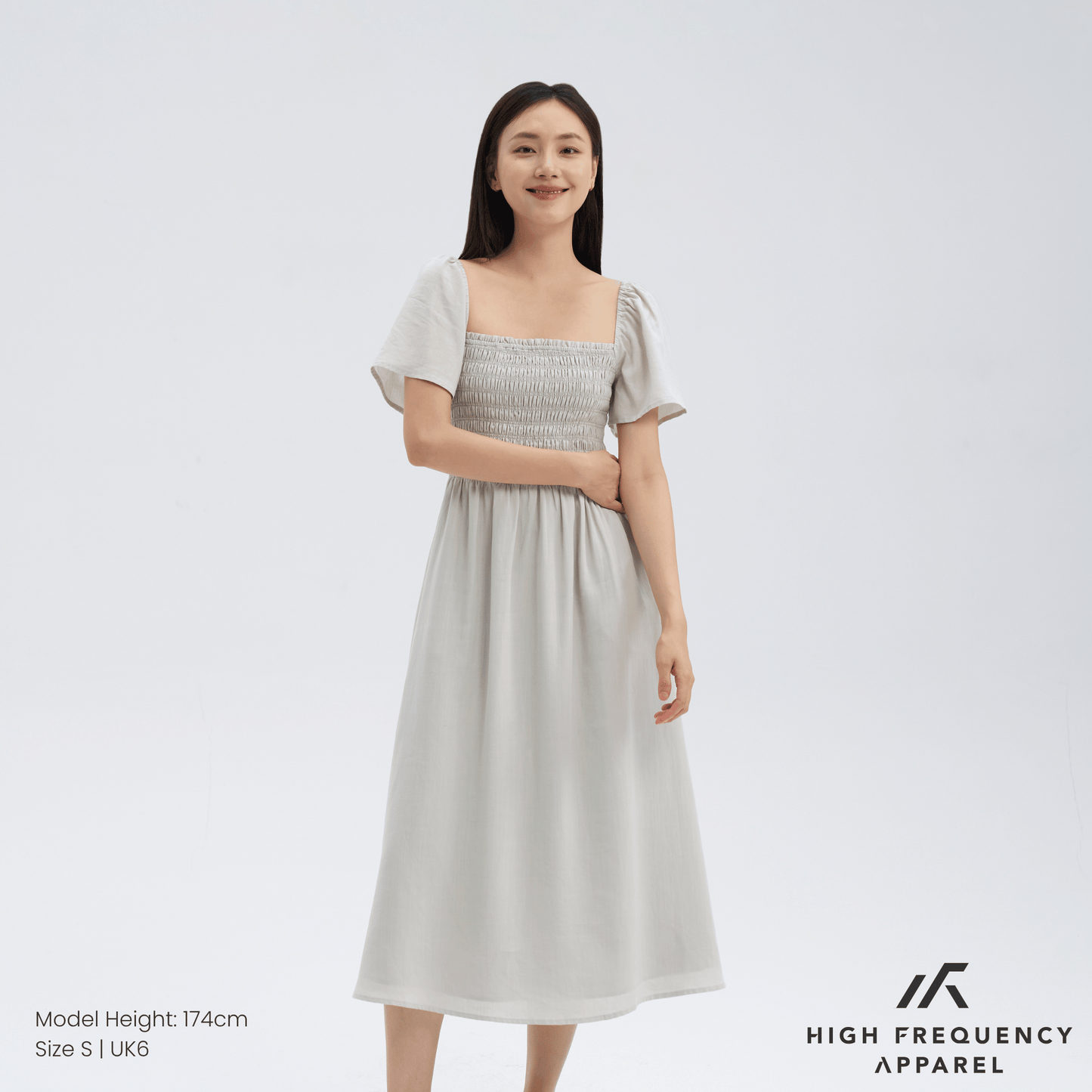 square neck full smocked flutter sleeve midaxi dress
