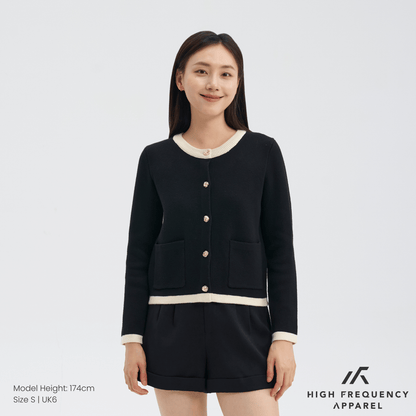 Contrast-Trim Cardigan Jacket with Gold Buttons