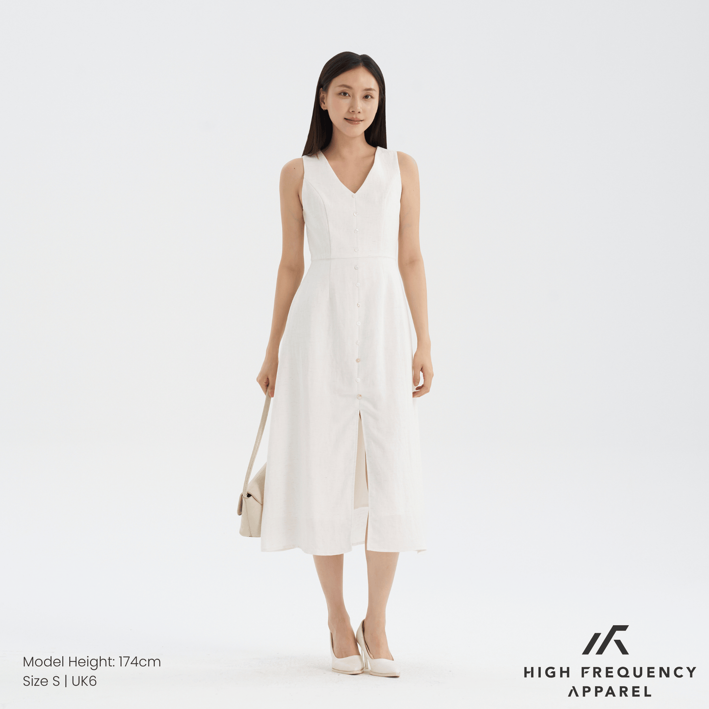 v-neck seashell button midaxi front slit dress