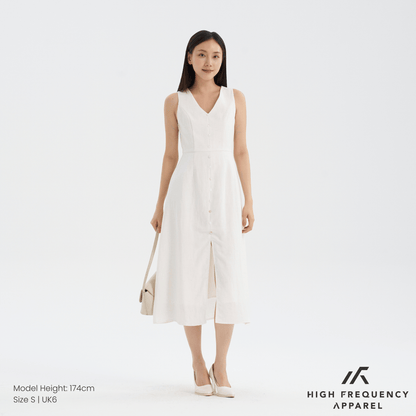 V-Neck Seashell Button Midaxi Front Slit Dress
