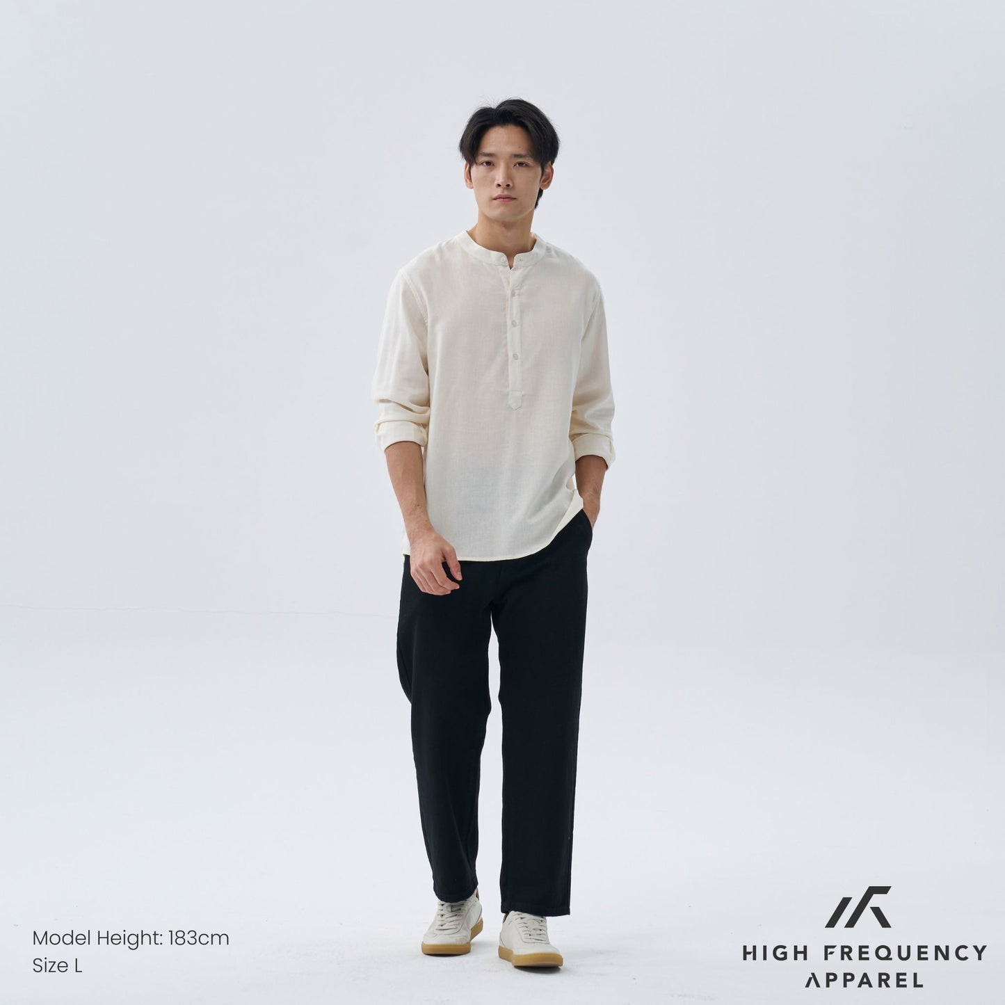 half button mandarin collar long sleeve shirt