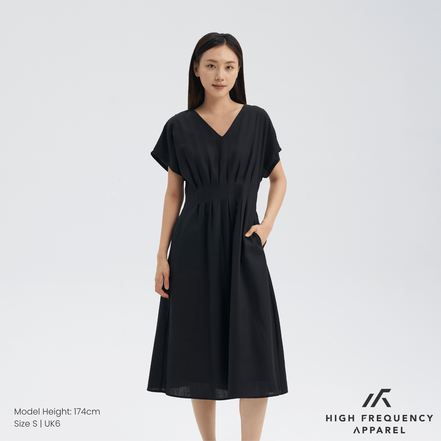 v-neck pintuck sleeved midaxi dress
