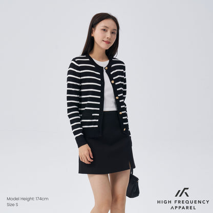 HFA Women’s Old Money Striped Long Sleeve Cardigan With Gold Button Trimmings