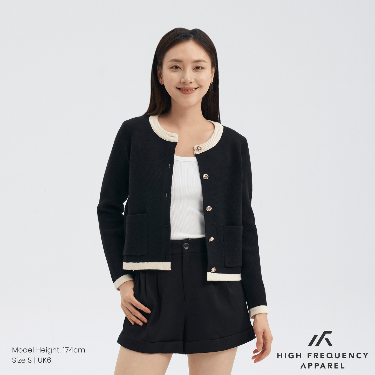 contrast-trim cardigan jacket with gold buttons