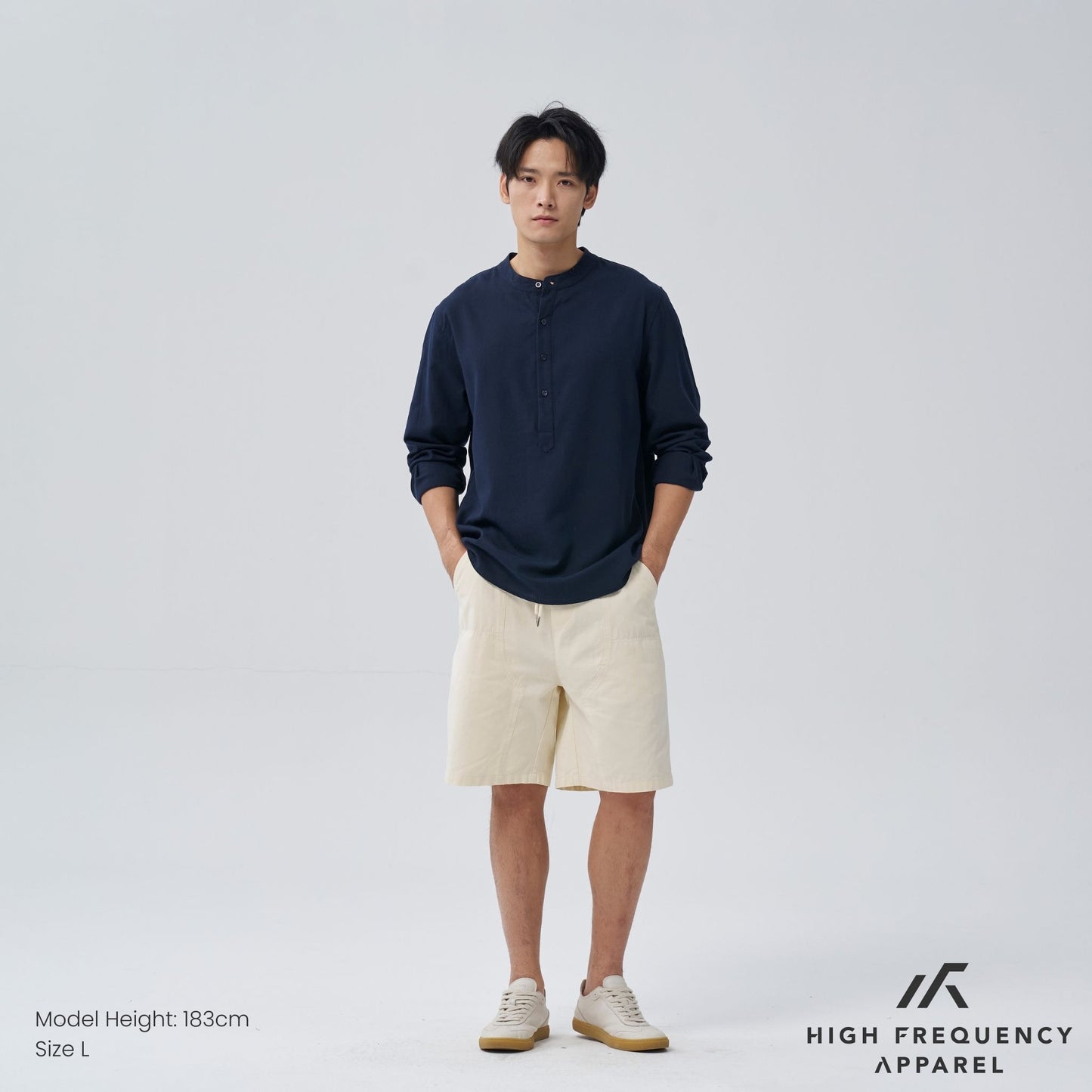 half button mandarin collar long sleeve shirt