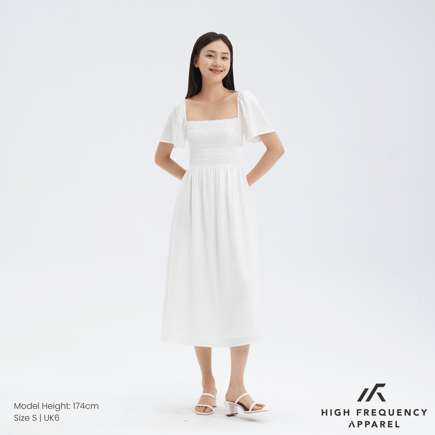 square neck full smocked flutter sleeve midaxi dress